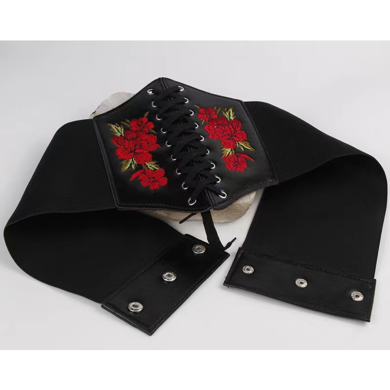 Dames Korset Riem Gothic Mode Pu Bloem Borduurwerk Cummerbunds Vrouwelijke Afslankende Tailleband Vintage Zwarte Brede Riem Voor Meisje