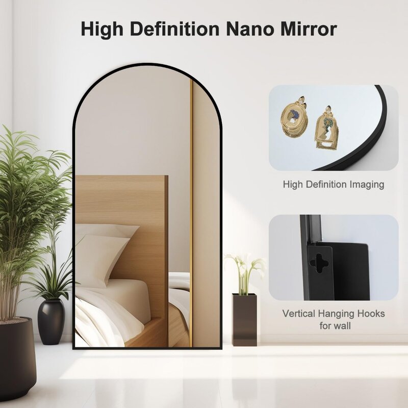 Arched Full Length Mirror 64"x21", Free Standing Wall Mirror Leaning or Hanging Mounted, Thin Aluminum Alloy Frame