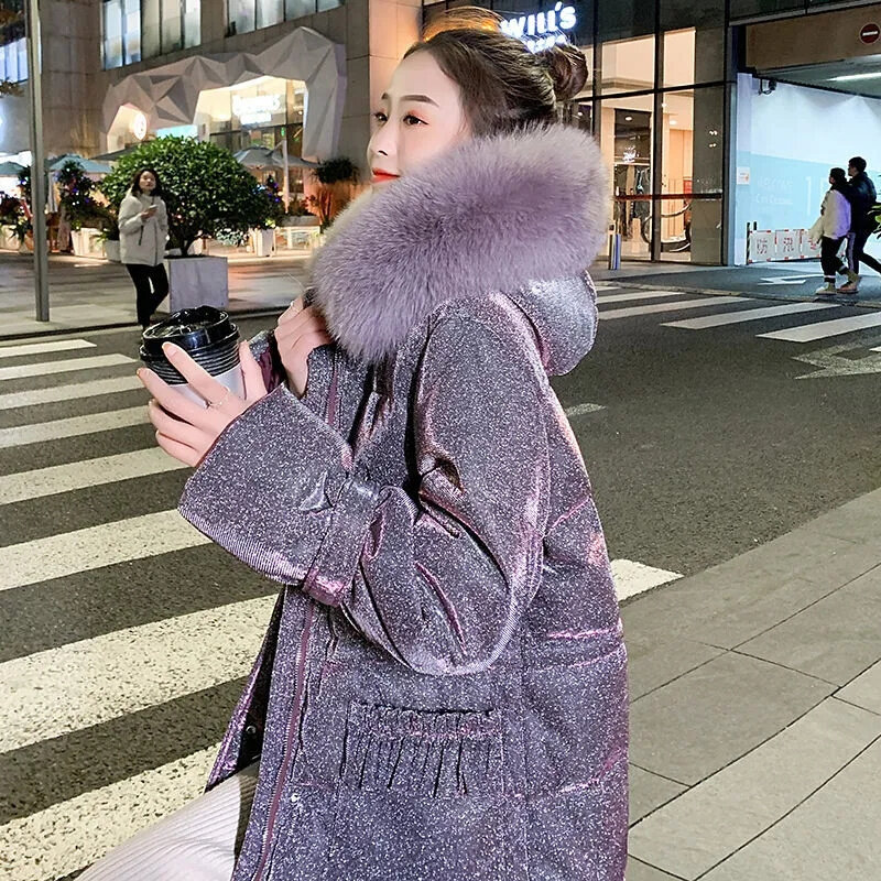 Popular estrela para baixo jaqueta feminina meados de comprimento 2021 nova moda sobre o joelho inverno engrossado grande fur gola casaco tendência