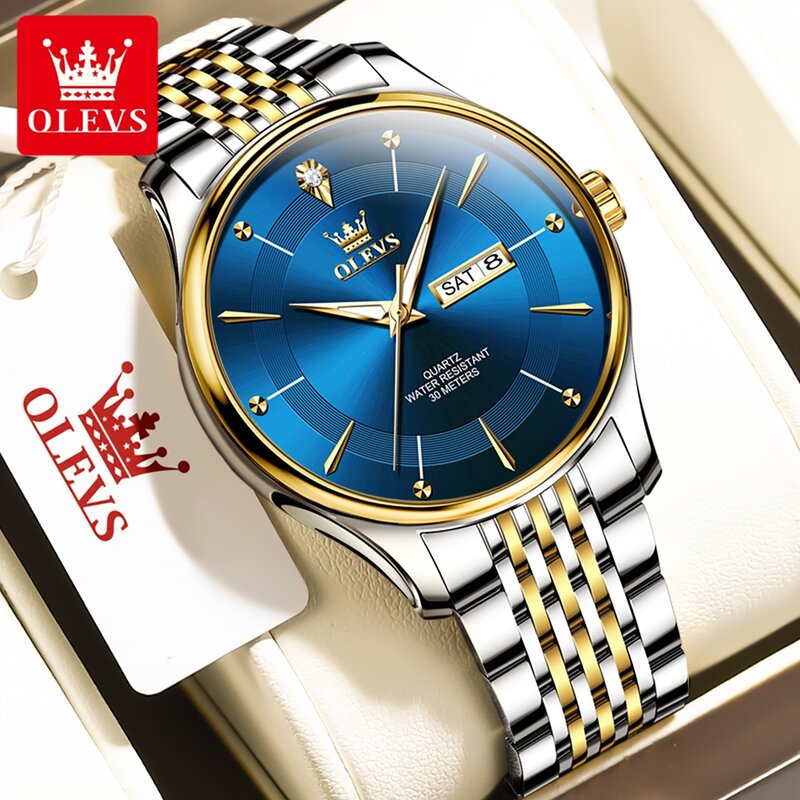 Olevs Merk Mode Blauw Quartz Horloge Heren Roestvrij Staal Waterdicht Lichtgevende Week Date Business Heren Horloges Logio Masculino