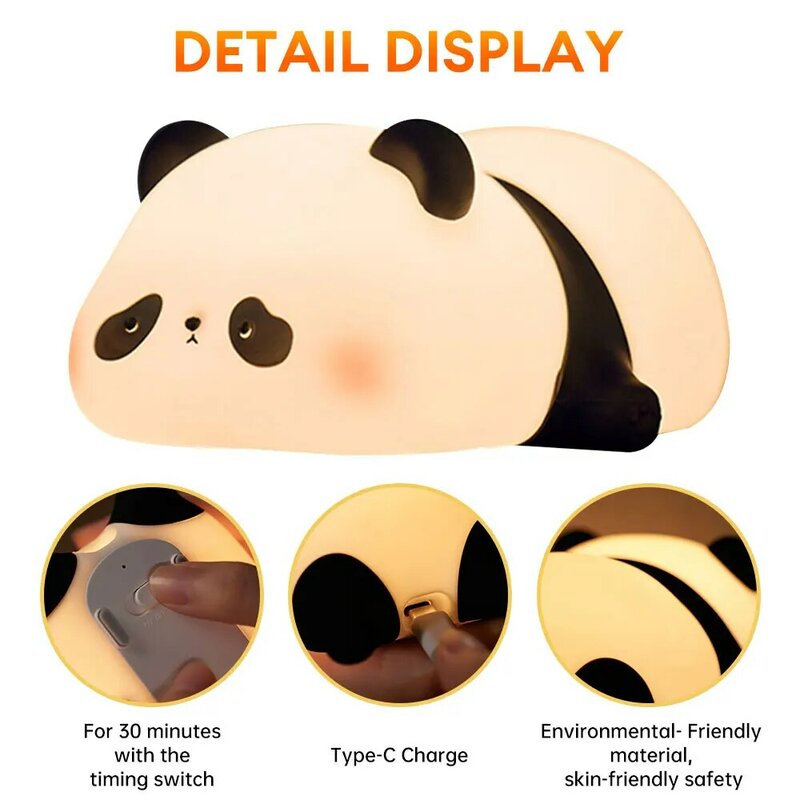 LED Panda Silicone Night Light, Soft Warm Pat Lamp, Cute Dimmable Atmosfera, Lâmpada de sono infantil, Presente