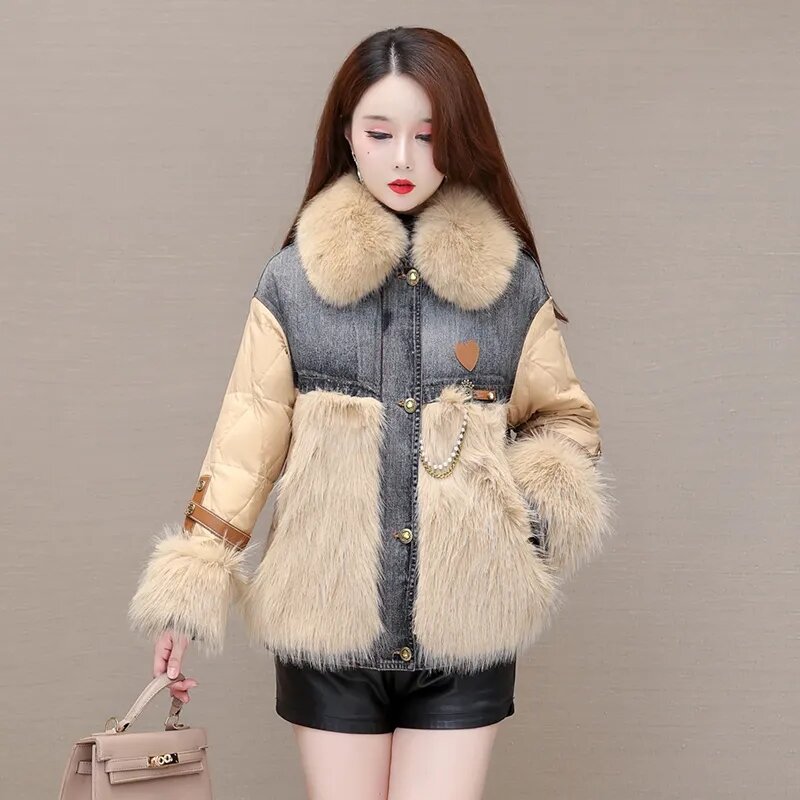 Furcollar Stitching Down  Winter New Korean Version Loose Slim Ladies Fashion Temperament White Duck Feather Down 
