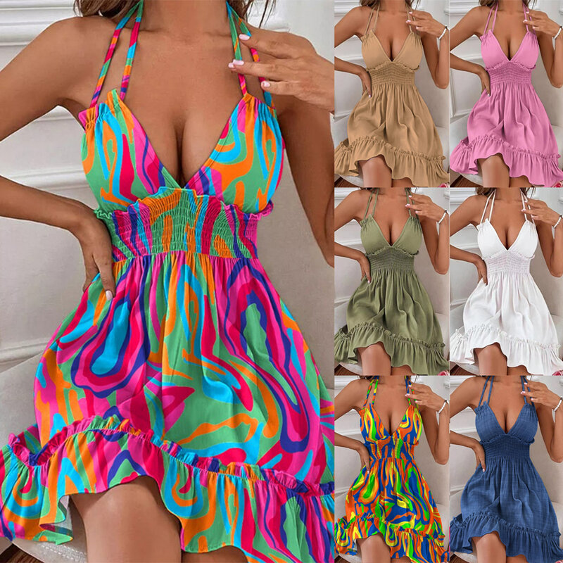 Vestido feminino Sexy Deep V Suspender com babados, Double Halter Top, Fashion Ball Party Dress, Mini saia A-Line, S-XL, Verão
