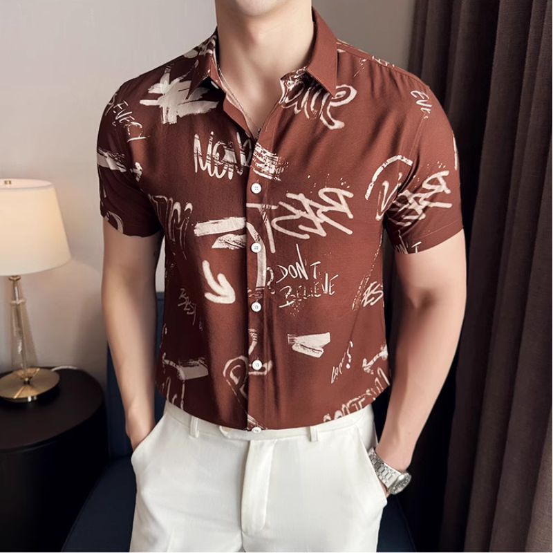 Мужская приталенная рубашка с коротким рукавом, Повседневная рубашка с цветочным принтом и персонализированным принтом, одежда для улицы, 2024