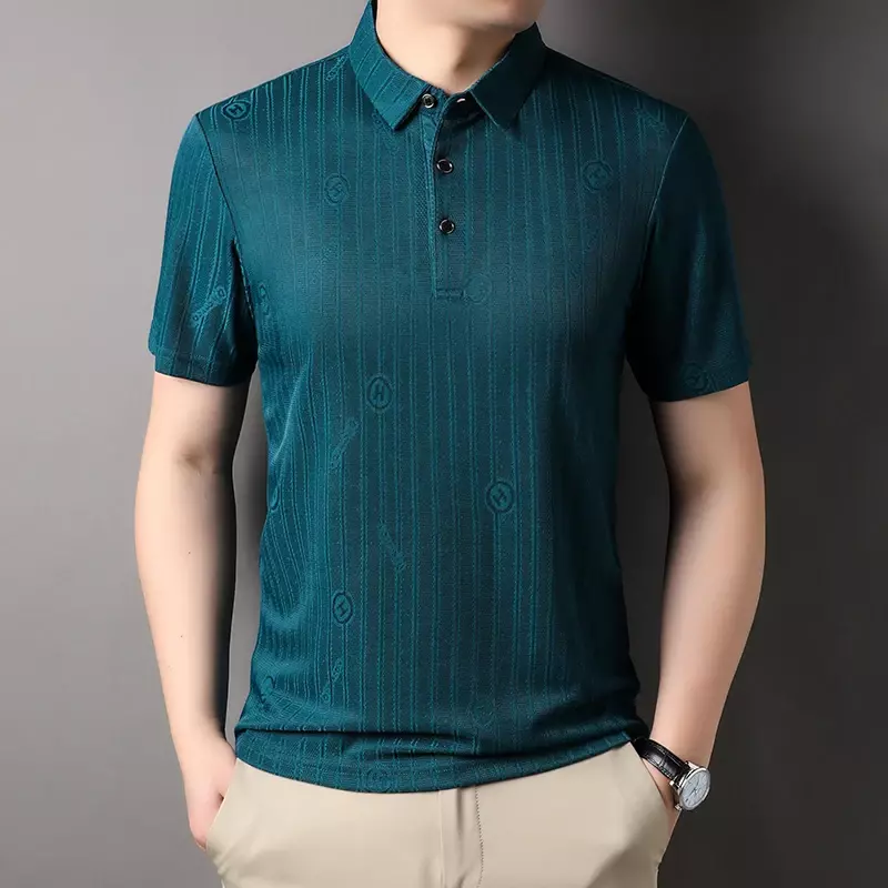 Męskie letnie Business Casual modny nadruk luźne, wygodne i oddychająca koszulka POLO z krótkim rękawem