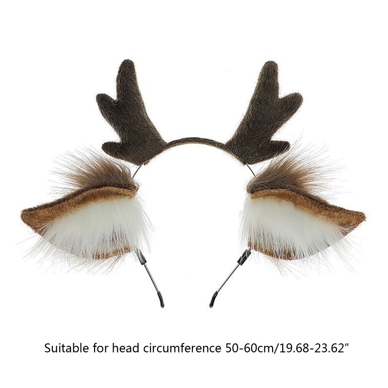 Faux Fur Reindeer Antler Headband Handmade Animal Furry Ears Hair Hoop Cosplay Costume Pretended Party Props