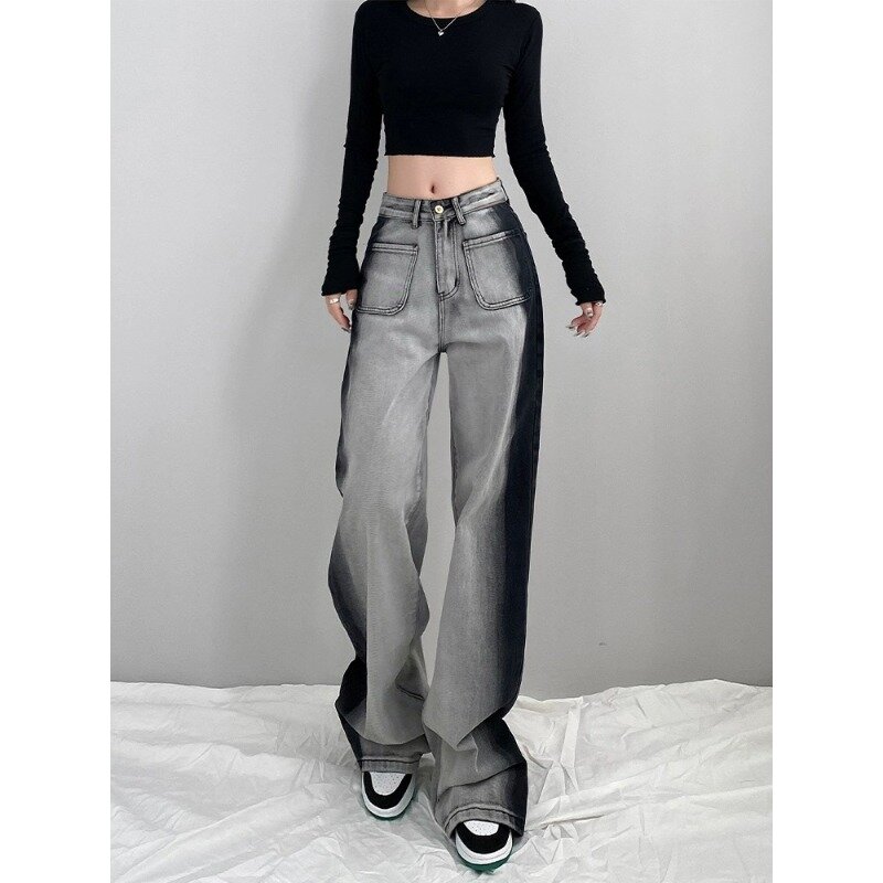 QWEEK-Calças jeans grandes para mulheres, calças largas vintage, streetwear estético emendado, moda coreana, Harajuku, Y2k, primavera