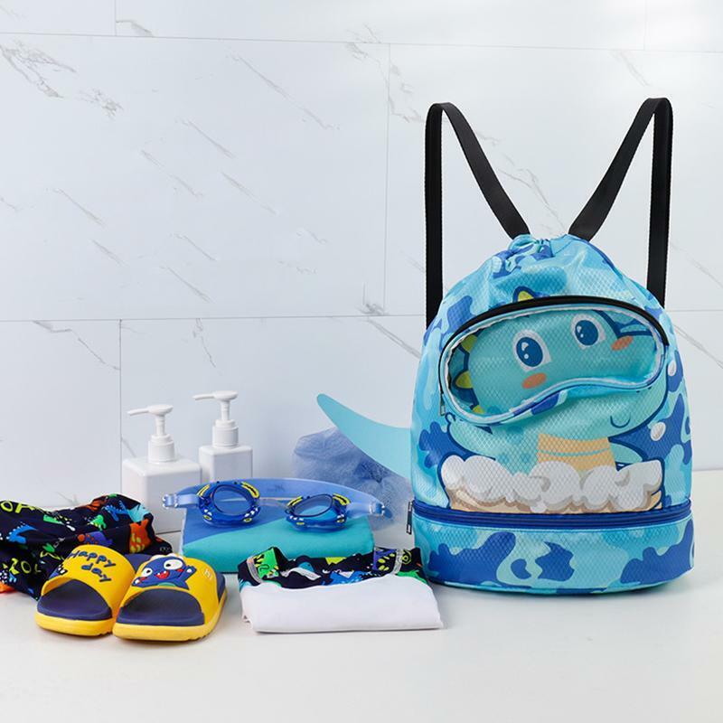 Bolsas de natación de dibujos animados para niños, bolsa de almacenamiento de playa con cordón de separación seca y húmeda, mochila ajustable impermeable para niños y niñas