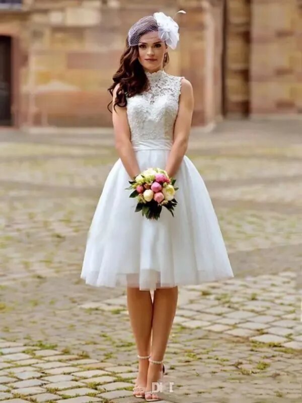Gaun pengantin pendek renda antik gaun pengantin model A-Line panjang selutut gaun pengantin 2024 tanpa lengan leher tinggi punggung terbuka jubah Boho