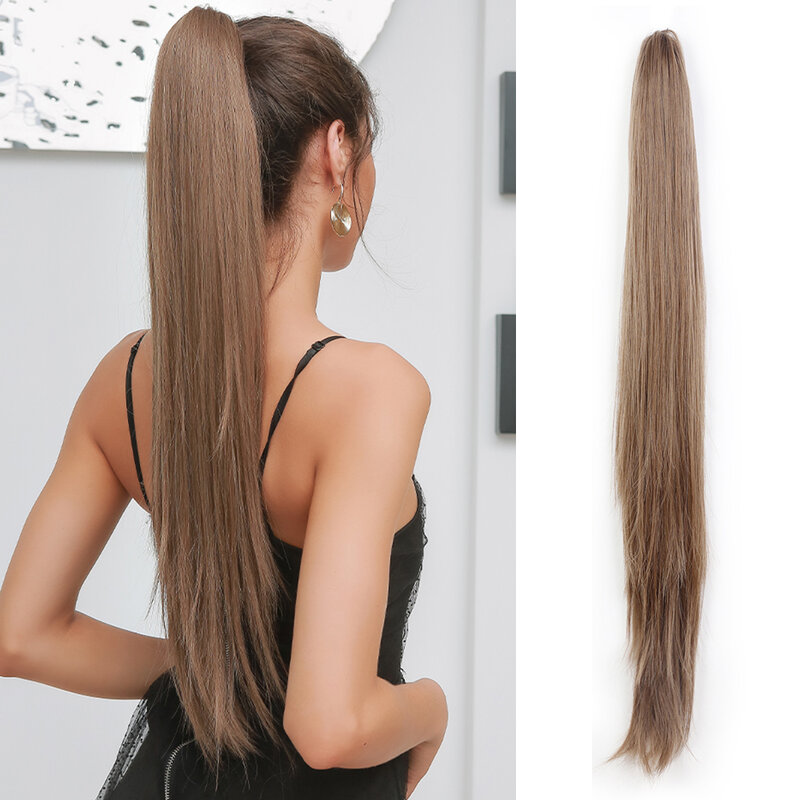 Long Straight 28inch Claw Clip On Ponytail Hair Extension Natural Synthetic Hair For Women Light Brown Pony Tail Hair Hairpiece