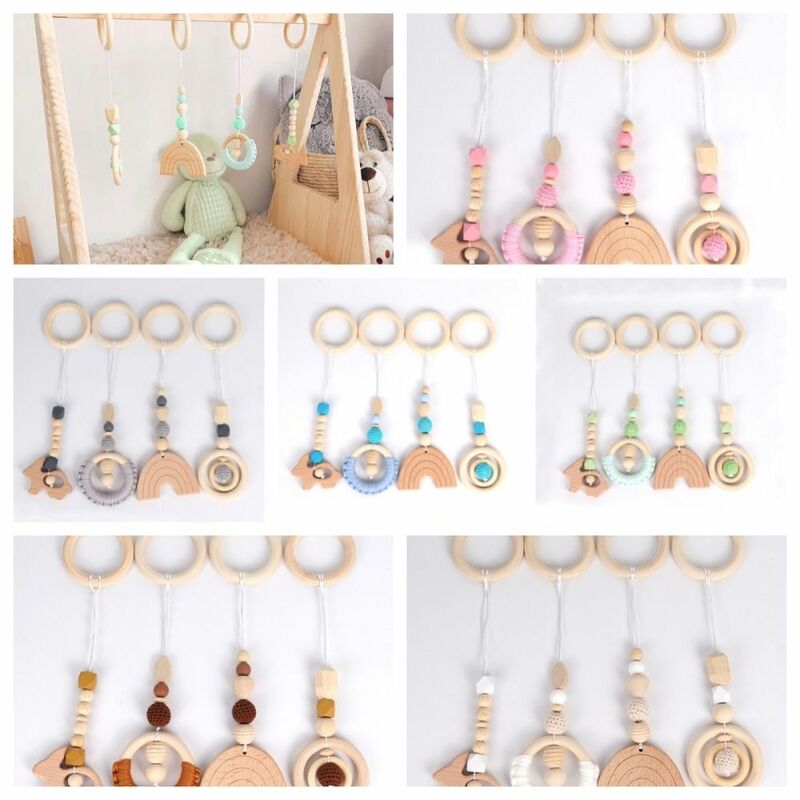 Sensory Wooden Beech Activity Gym Frame Crochet Rabbit Baby Gym Toys Play Frame Ring-pull Toy Stroller Toy Ring Newborn