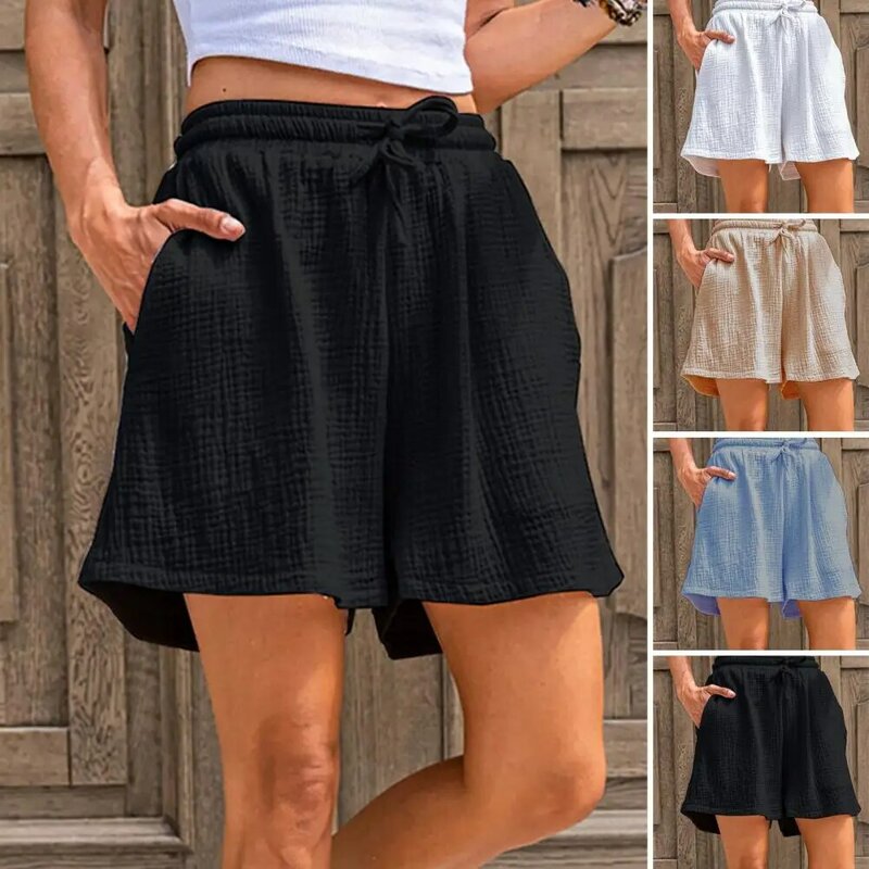 Calça curta de perna larga com bolsos para mulheres, shorts casuais, cintura elástica, cordão, elegante, verão
