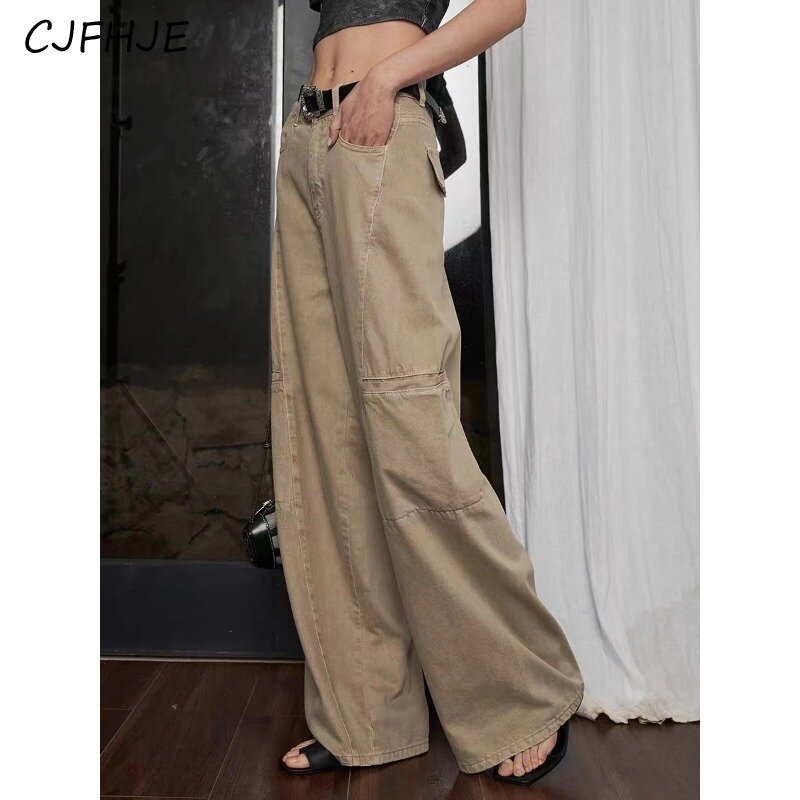 Cjfhje กางเกงยีนส์ขากว้างมีกระเป๋าสีกากี MODE Korea วินเทจของผู้หญิงทรงแบ็กกี้ยาวเต็มรูปแบบกางเกงยีนส์กางเกงยีนส์สตรีทแวร์