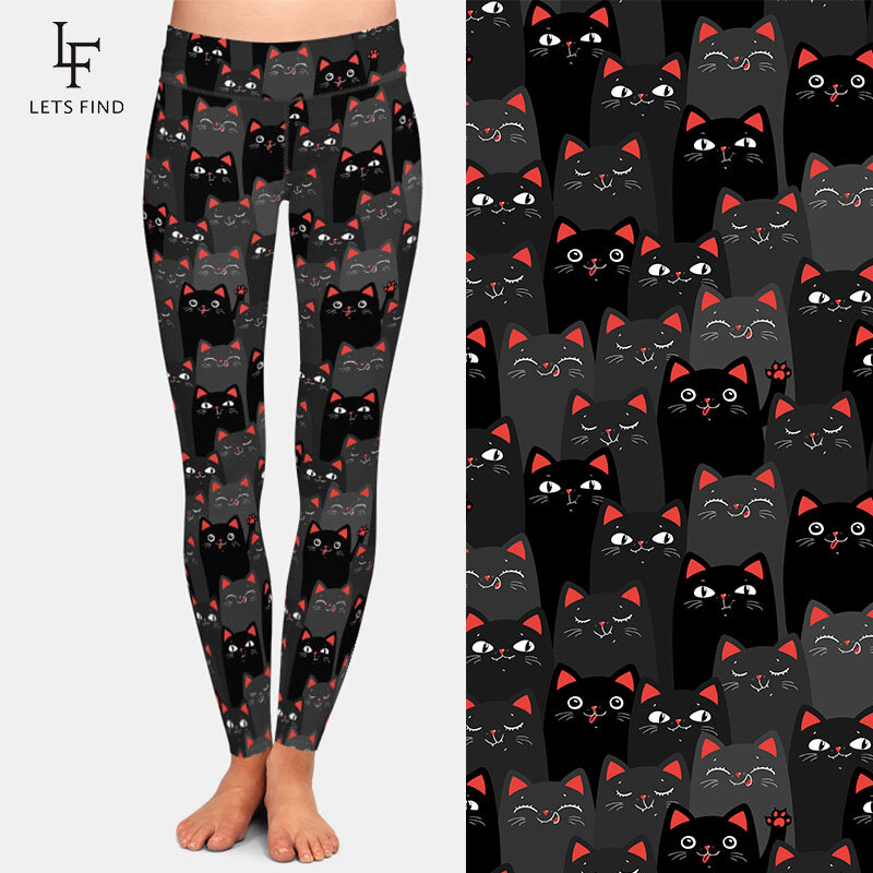 LETSFIND 3D สีดำและแมวสีเทาพิมพ์ผู้หญิงกางเกงผ้ายืดเอวสูงแฟชั่นคุณภาพสูงเลกกิ้งฟิตเนส
