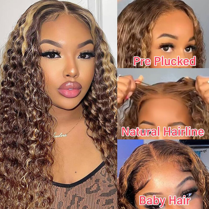 CUBIC Highlight 4X4 Ombre Lace Front Wig Human Hair P4/27 Honey Blonde Lace Wigs for Women 18-42 Inch Deep Curly Wigs Human Hair
