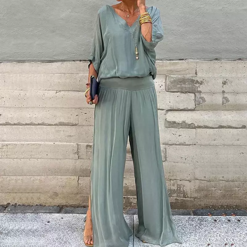 Casual Loose Street Two Piece Sets Ladies Sexy V-neck Short Sleeved Top and Pants Suits Summer Thin Chiffon Comfortable Outfits