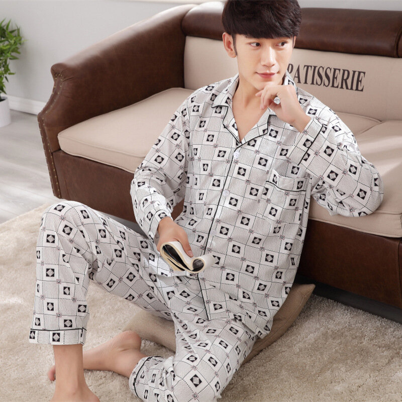 Spring Autumn Men's Thin Knitted Cotton Pajamas Long Sleeve Cardigan Sleepwear Large Size Home Clothing Set