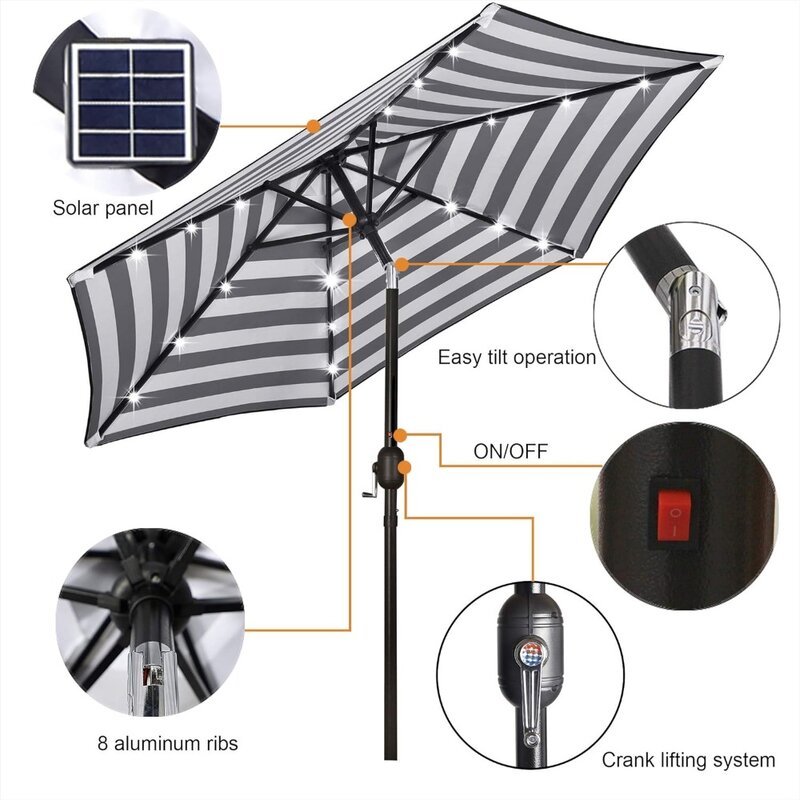 Blissun-sombrilla de Patio con luces LED, sombrilla Solar de mesa, paraguas de mercado con inclinación y manivela