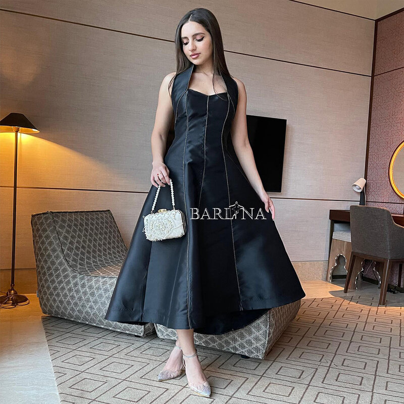 Black Satin Evening Dresses A Line Halter Arabic Dubai Prom Dress Tea Length Formal Occasion Gowns for Women Lace Up Back