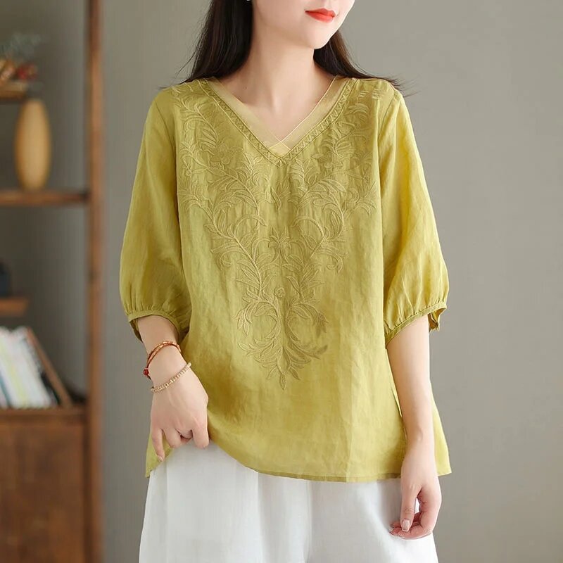 Retro Cotton Linen Shirt Women's Summer New Loose Casual All-match V-Neck Thin Embroidered Mid Sleeved T-Shirt Female Top 4XL