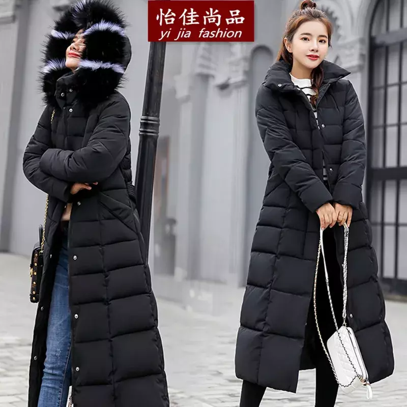 女性用キルティングファーフード付きジャケット,暖かいロングコート,ファッショナブル,冬服,2023