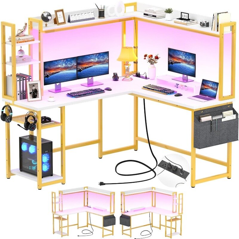 L Shaped Gaming Desk com Power Outlet, Luz LED e Hutch, Reversível Home Office Desk, Canto Computer Desk