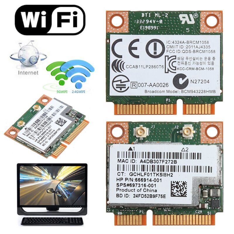 Двухдиапазонная беспроводная карта 2,4 + 5G 300M 802.11a/b/g/n WiFi Bluetooth 4,0 Half Mini PCI-E для HP BCM943228HMB SPS 718451-001