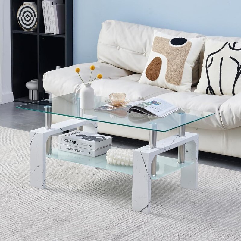 Living Room Rectangle Coffee Table, Tea Table Suitable for Waiting Room, Modern Side Coffee Table with Wooden Leg, Glass