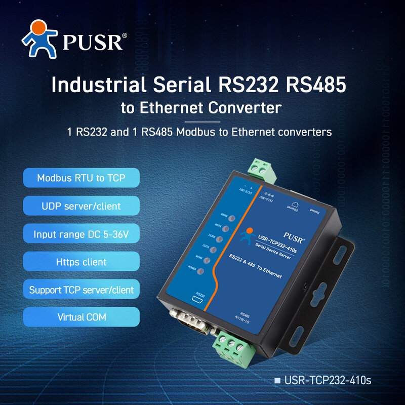 PUSR RS232 RS485 seri ke konverter Ethernet Perangkat seri Server mendukung TCP/IP Modbus RTU ke TCP Gateway USR-TCP232-410s