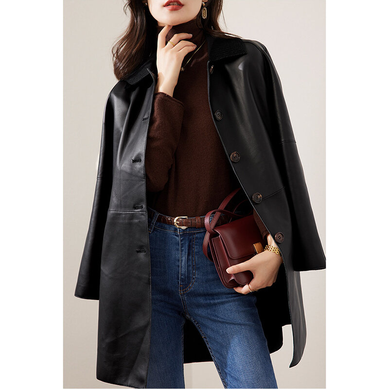 Roupas para as mulheres outono de alta qualidade jaqueta de couro genuíno manteau femme lapela single-breasted médio a longo casaco de pele de carneiro