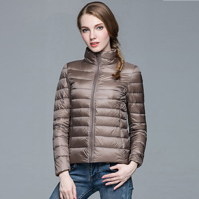 Chaqueta de plumón delgada ultraligera para mujer, abrigo de plumón de pato blanco cálido con capucha corta, otoño e invierno, 90%