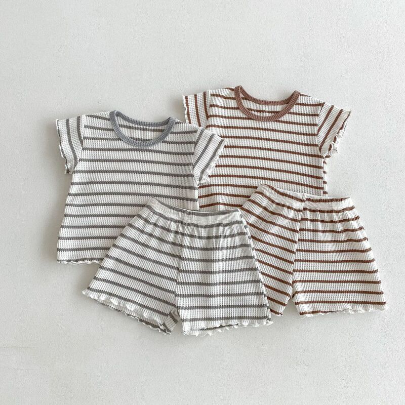 2024 New Korean Style Air Conditioning Striped Color Collision Short-sleeved Home and Outfits Children's Set  Kids Clothes