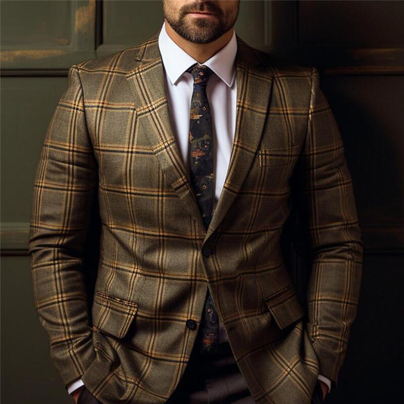 Men Suit Coat Formal Business Style Slim Fit Plaid Print Long Sleeve Single Button Closure Straight Cardigan Work Office Coat