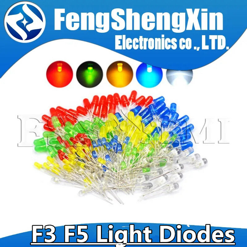 100ชิ้น/ล็อต3มม.5มม.LED สีแดงสีเขียวสีเหลืองสีฟ้าสีขาวสีส้ม F3 F5 LED ไดโอดชุดอิเล็กทรอนิกส์ Clear light ไดโอดชุด
