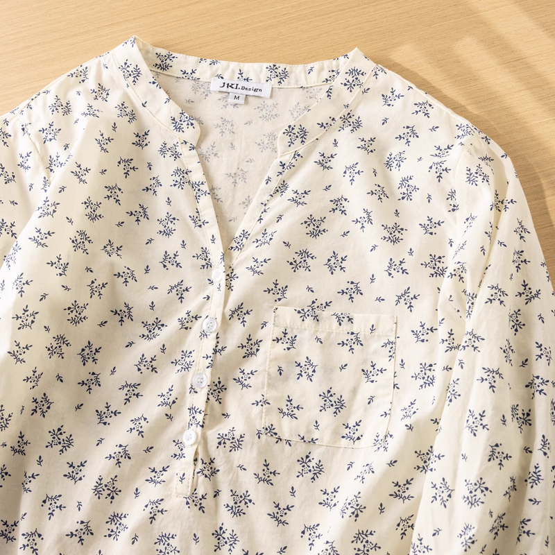 100% Baumwolle Hemden Frauen Trends Sommer Herbst elegante V-Ausschnitt Dreiviertel ärmel bedruckte Hemden und Blusen Vintage Tops