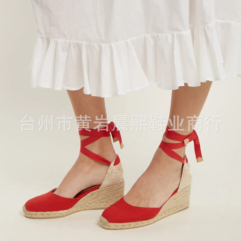 Sandalias de alpargata con correa en el tobillo para mujer, zapatillas cómodas informales, zapatos transpirables de lona de cáñamo y lino, 2023