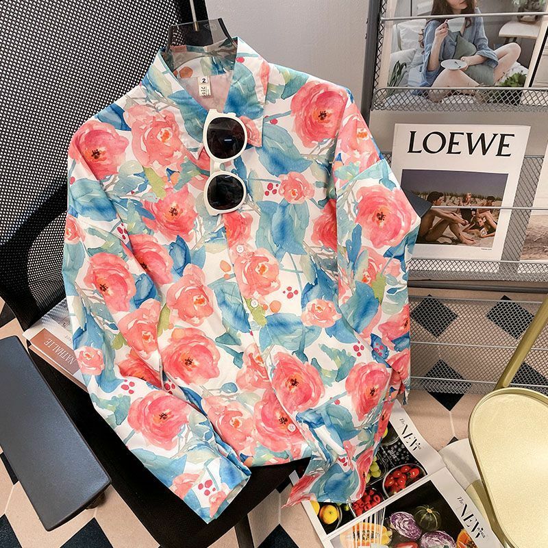 Lazer impressão camisas botão lapela cardigan topo senhora solta manga longa camisa oversized blusas das mulheres casuais