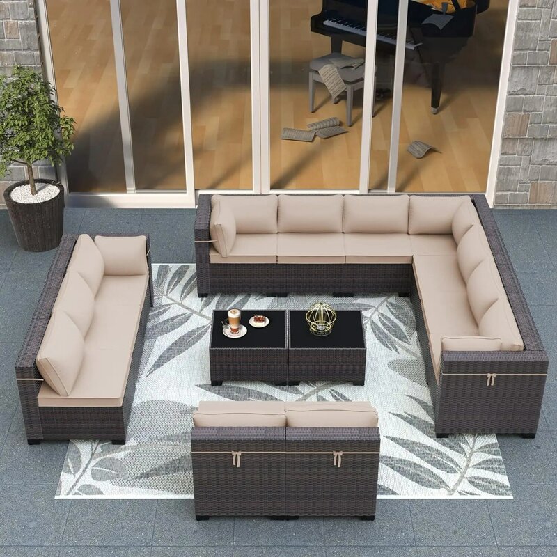 Zestaw mebli ogrodowych na patio, 14-częściowa sofa segmentowa, zestaw patio z rattanu PE ze stołem i poduszkami ze szkła hartowanego