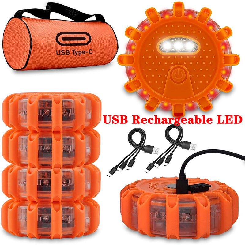 USB Rechargeable LED Road Flares Emergency Lights, Roadside Warning Car Safety Beacon Flashing Disc Flare Kit with Magnetic Base