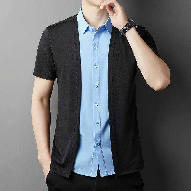 Tops finos respiráveis de manga curta masculina, botões de lapela, camisa casual, duas peças falsas, versátil, moda high-end, verão, nova