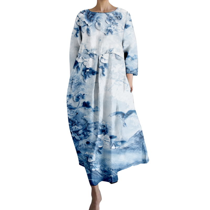 Vestido de flores azules para mujer, de gran tamaño maxivestido holgado, elegante, para playa y vacaciones, primavera y verano