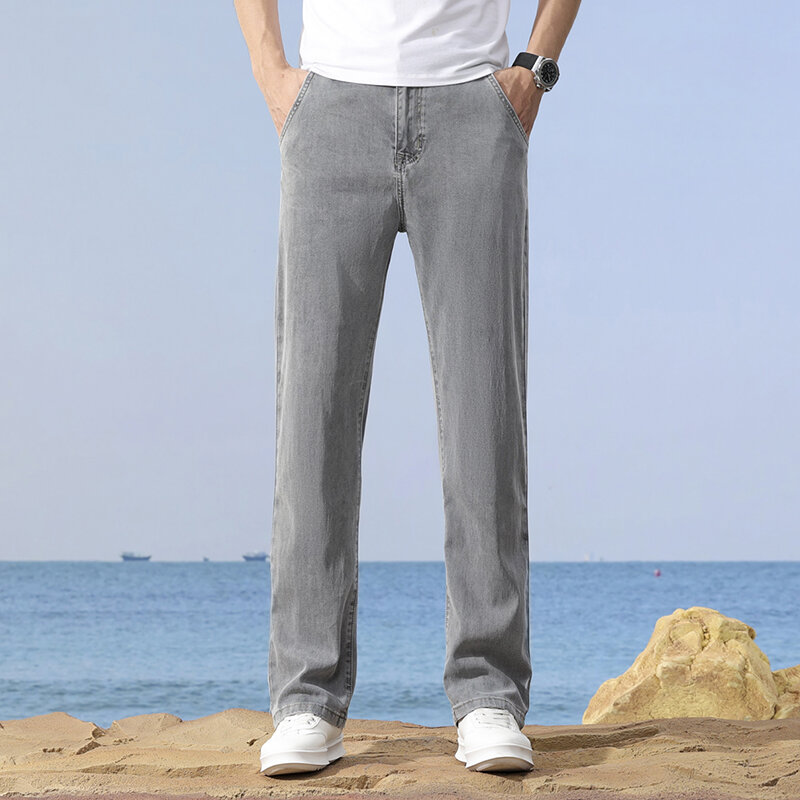 2024 Summer Ultra-Thin Men's Loose Jeans Fashionable Business Casual Ice Silk Baggy Fit Straight Smoke Gray Trousers 40 42