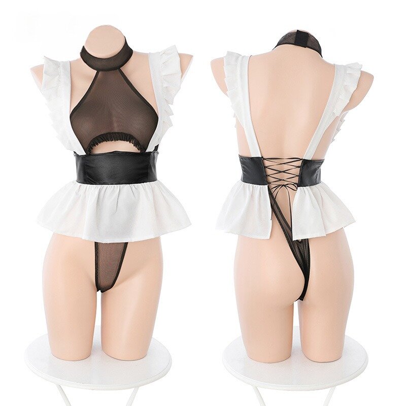 Porn Anime Maid Cosplay Costumes for Role Play Women Sexy Teddies Open Crotch Bodysuit Lingerie Erotic Maid Crotchless Bodysuit