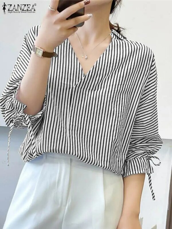 ZANZEA Women Stripe Print 3/4 Sleeve Shirt Casual Loose Thin Blouse 2024 Summer V-neck Tops Vintage Office Bandage Cuff Blusas