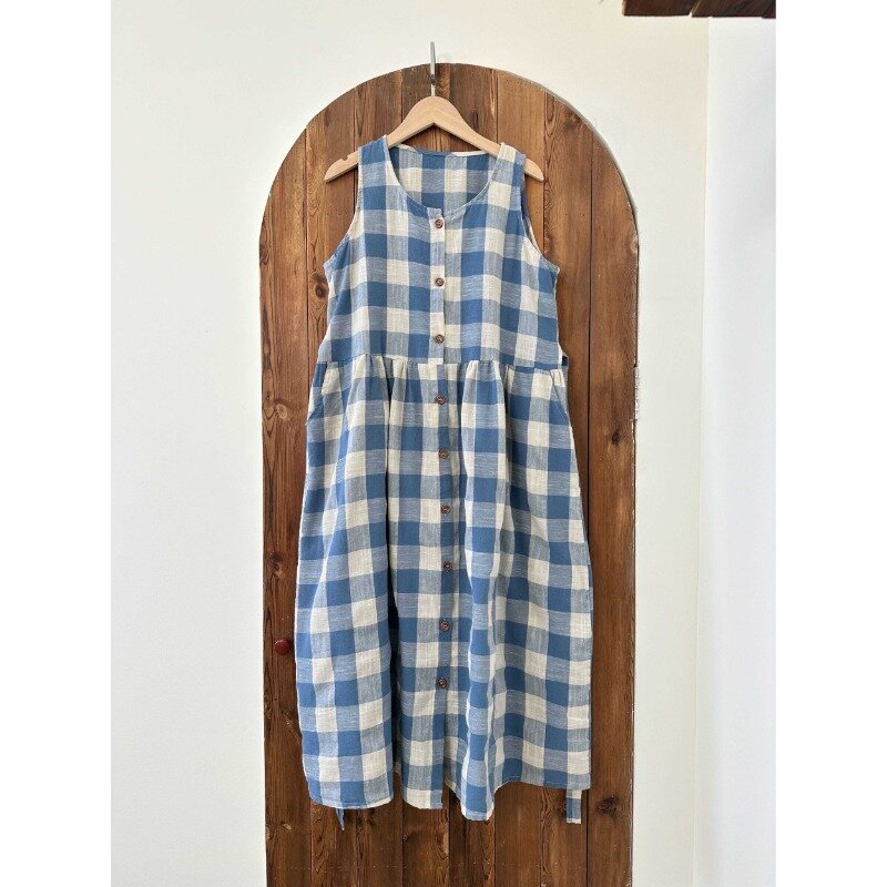 Mori Girl-vestido largo plisado sin mangas para mujer, ropa informal holgada de Estilo Vintage a cuadros azules, chaleco bonito sin mangas, Verano