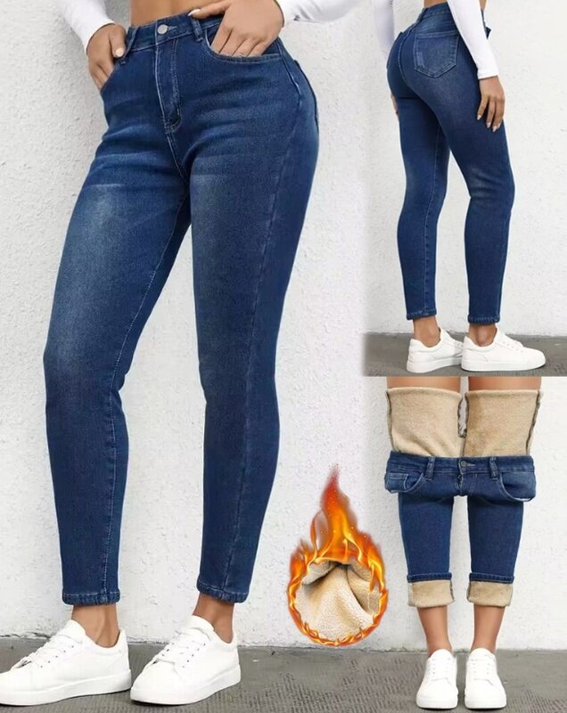 Jeans de pelúcia e cintura alta feminino, jeans forrado com lã, básico, casual, elegante, azul escuro, design de bolso, versátil, 2023
