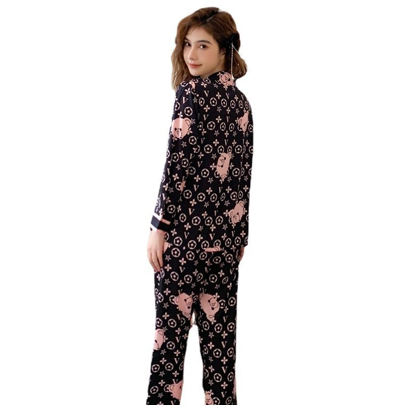 2024 New Women's Pajamas Long Sleeve Thin Ice Silk Cartoon Bear Sleepwear Set Spring Autumn Leisure Loose Female Homewear Suit