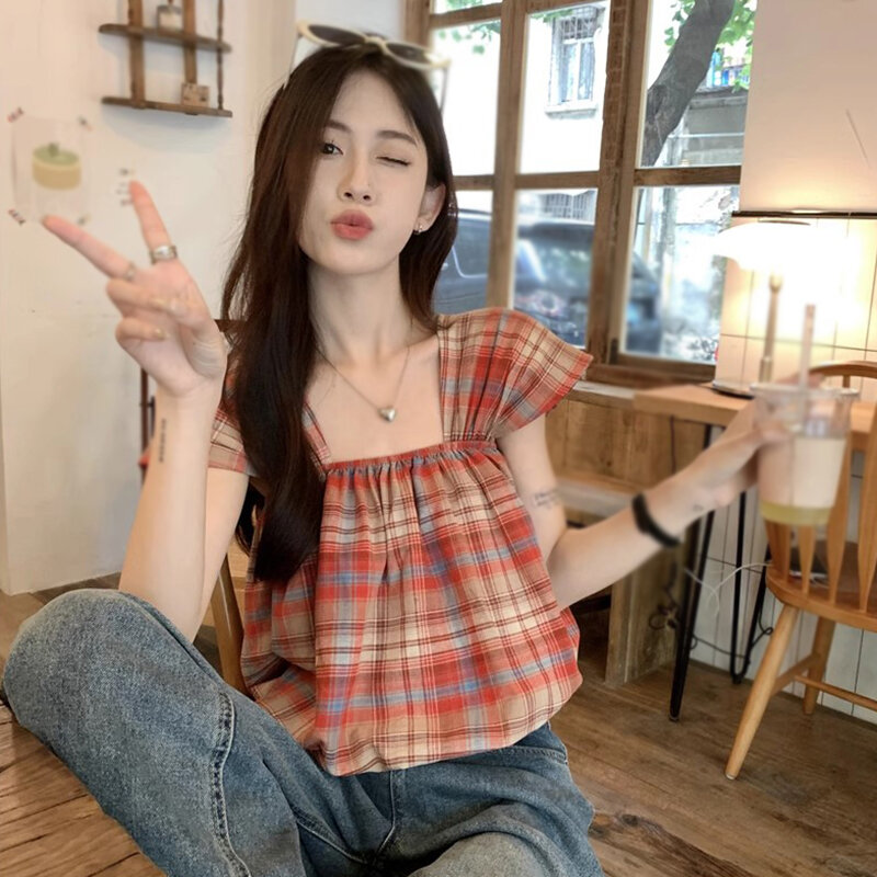 女性の夏のクロップトップ韓国版タンクトップシャツスィートカジュアルブラウス