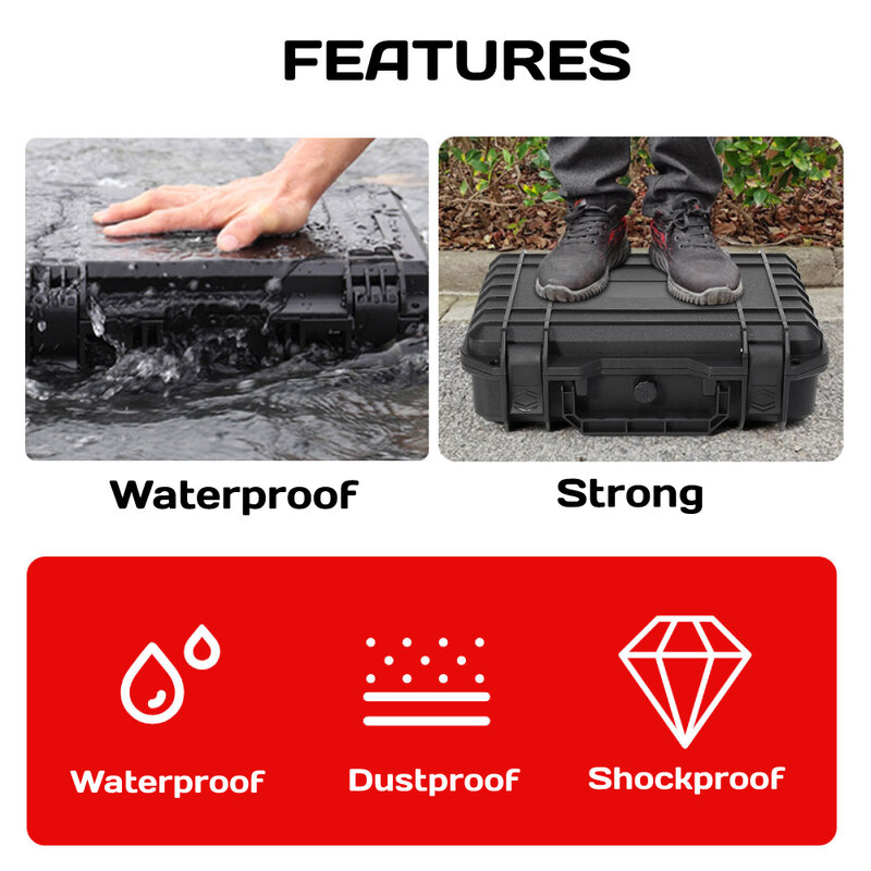 JETEVEVEN Kotak Peralatan Keselamatan Plastik Tahan Air Kotak Alat Pembawa Keras Kotak Penyimpanan Tahan Benturan dengan Spons untuk Alat Kamera