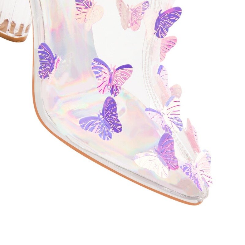 أحذية نسائية قصيرة شفافة على شكل فراشة ، سحاب ثلاثي الأبعاد ، كعب كريستالي ، وردي ، أرجواني ، مسرح ، أحذية نسائية ، 11 + كعب عالي ، 36-43